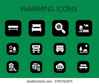 warming icon set. 12 filled warming icons. Included Bench, Park, Global warming, Virus search, CO cloud icons