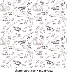 Warming spices. Decorative seamless pattern with handwritten brush lettering for your design. Hand drawing ginger root, hot peppers, cardamom and cloves on white background.