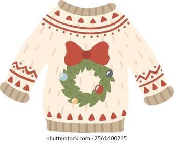 Warming up winter celebrations with a cozy wool sweater featuring a red bow and green wreath adorned with colorful baubles, perfect for Christmas and New Year s festivities