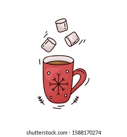 Warming winter drink and dessert. Red mug with hot chocolate or cocoa and marshmallows. Hand drawn vector concept. Color doodle illustration for vertical card, poster. Cartoon cup with snowflake