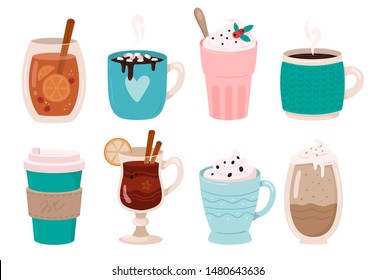 Warming winter drinks. Hot chocolate, cocoa with marshmallows and whipped cream. Mulled wine in winters mug, christmas coffee drink or hot tea beverage. Isolated vector illustration icons set