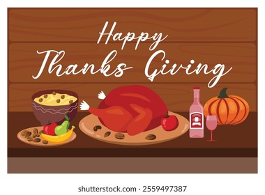 A warmly arranged Thanksgiving table featuring a roasted turkey, vibrant vegetables, seasonal fruits, and festive elements happy thanksgiving. Flat vector modern illustration 