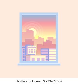 Warmly colored sunrise illuminating a generic cityscape view from a window, featuring a minimalist and pastel hued vector illustration that captures the essence of a new day