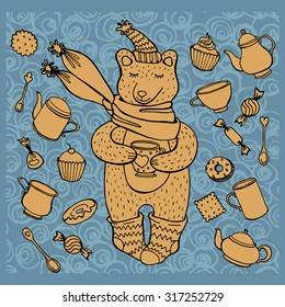 Warmly dressed bear with a cup of hot drink in paws in an environment of subjects for tea drinking teapots, cups, pastries and sweets.Vector illustration.