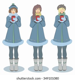 Warmly dressed girls hold hot drinks in hands. Vector illustration.