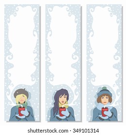 Warmly dressed girls hold hot drinks in hands. Vector illustration.