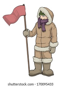 warmly dressed man with a flag, vector illustration