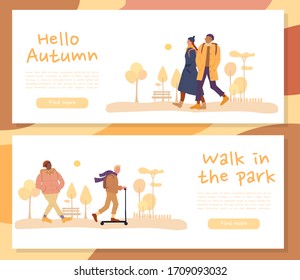 Warmly dressed multiethnic people, family couple walking, riding scooter on header banner set. Greeting autumn season cold weather. Walk in park. Fall season day. Landing page for website concepts