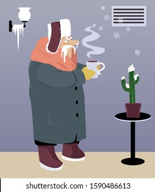 Warmly dressed senior man standing in a cold house under an malfunctioning heating vent, snowflakes coming out it, EPS 8 vector illustration