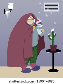 Warmly dressed senior woman standing in a cold house under an malfunctioning heating vent, snowflakes coming out it, EPS 8 vector illustration	