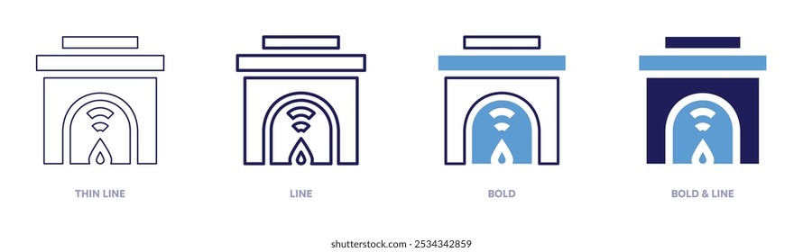 Icono cálido de la chimenea en 4 estilos diferentes. Línea delgada, línea, negrita y línea negrita. Estilo duotono. Trazo editable.