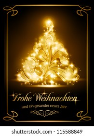 Herzlich funkelnde Weihnachtsbaumhellen wirken auf dunkelbraunem Hintergrund mit dem Text "Frohe Weihnachten und ein gesundes nächstes Jahr", deutsch für "Frohe Weihnachten und ein glückliches neues Jahr".