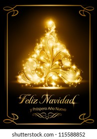 Warmly sparkling Christmas tree light effects on dark brown background with the text "Feliz Navidad y PrÃ?Â³spero AÃ?Â±o Nuevo", Spanish for "Merry Christmas and a Happy New Year".