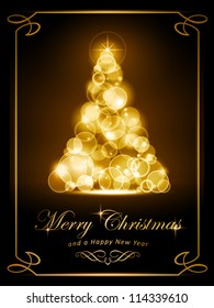 Warmly sparkling Christmas tree made of defocused light dots on dark brown background. Light effects give it a radiating glow. Perfect for the coming festive season.