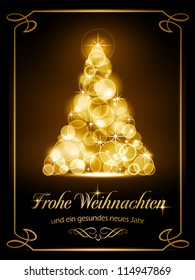 Warmly sparkling Christmas tree made of our of focus  lights on dark brown background with the text "Frohe Weihnachten und ein gesundes neues Jahr".