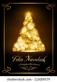 Warmly sparkling Christmas tree made of our of focus  lights on dark brown background with the text "Feliz Navidad y PrÃ?Â³spero AÃ?Â±o Nuevo".