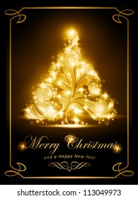 Warmly sparkling Christmas tree on dark brown background. Light effects give it a radiating glow. Perfect for the coming festive season.