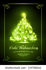 Warmly sparkling Christmas tree on dark green background of 5x7 inch, with the text "Frohe Weihnachten und ein gesundes neues Jahr", German for "Merry Christmas and a Happy New Year".