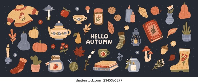 Warmth of Autumn: Complete Vector Set of Cozy Design Elements. Fall Twigs, Foliage, Pumpkins, Sweater, and More. Colorful Flat Illustration Isolated