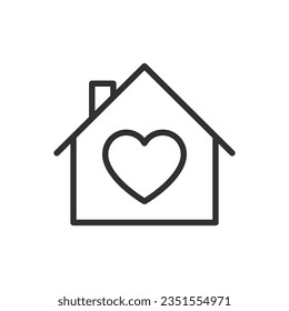 Warmth, love and a heartfelt connection to home, linear icon. Family. A home with a heart inside. Line with editable stroke