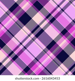 Warmth plaid fabric pattern, manufacture tartan texture check. Magazine seamless background vector textile in dark and purple colors palette.