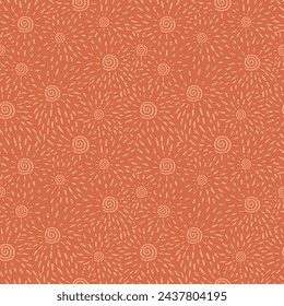 Wärme des Sommers in diesem nahtlosen Muster mit minimalistischen Sonnenumrissen. Sein schlichter Doodle-Stil und die leuchtenden Orangetöne evozieren tropische Glückseligkeit, perfekt, um Ihren Designs Sonnenschein zu verleihen.