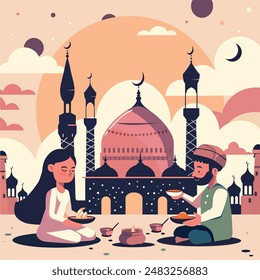 Warmth unfolds in this flat vector illustration. A Muslim couple, smiles on their faces, share a meal at a table laden with colorful dishes. Dates and a glass of water rest nearby