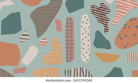 A warm-toned abstract collage of textured, cut paper shapes in earthy colors and playful lines. Perfect for digital scrapbooking and handmade visuals.