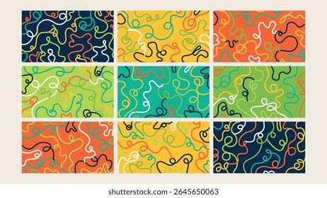Warm-toned background filled with abstract, hand-drawn squiggle lines in a continuous flow, evoking energy and organic movement.