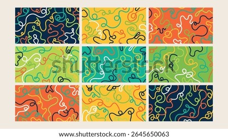 Warm-toned background filled with abstract, hand-drawn squiggle lines in a continuous flow, evoking energy and organic movement.