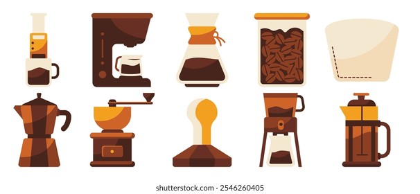 A warm-toned collection of coffee tools, including grinders, filters, tampers, and French presses, illustrated in a sleek flat design. Ideal for coffee-related projects.