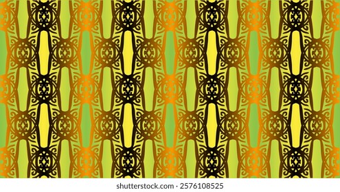 A warm-toned design using shades of yellow, green, and orange. The pattern includes intricate floral and abstract details that interlock, giving it a structured and harmonious appearance.