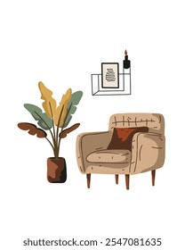 Warm-toned interior with armchair, indoor plant, and simple wall decor