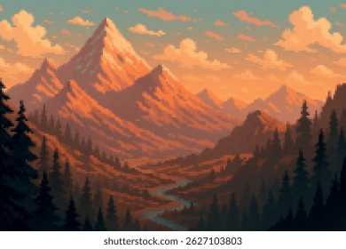 Warm-toned pixel art of tall mountains during a vivid sunset, with a winding river through the valley. Great as a level backdrop or cinematic background in 2D games.