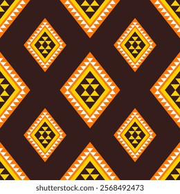 A warm-toned tribal geometric pattern featuring orange and yellow diamond shapes with intricate triangular details on a dark brown background. Perfect for textiles and decor.