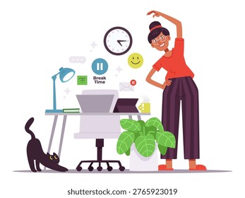 Warm-up and active breaks, home office and remote work. A freelancer exercises with pet. Vector cartoon illustration