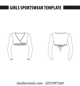 Girls’ Warm-up Bolero For Sports Training. Vector Template, Mockup For Sample Demonstration. Kids Bolero For Gymnastics, Acrobatics, Dance. Vector Illustration In Outlines.