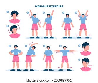 Warm-up exercise set. Muscles stretch before a work-out, physical training preparation. Male character in sport clothes doing sport. Flat vector illustration