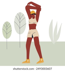 Warm-up, outdoor stretching exercises. Active female runner warm up. Healthy female character, black woman, afro american, runner workout, outdoor workout.