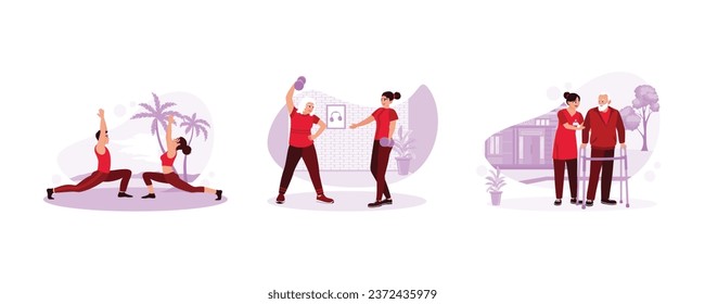 Warm-up outdoors on the beach. Sports therapist and patient. Therapist and old man. Physical concepts. Set Trend Modern vector flat illustration