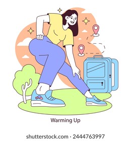 Warm-up routine concept. An active individual demonstrates stretching exercises before a rucking session, promoting injury prevention and performance enhancement. Vector illustration.