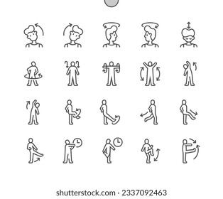 Warmup  stretching exercise. Torso rotations. Leg stretch. High knees. Jumping jacks. Pixel Perfect Vector Thin Line Icons. Simple Minimal Pictogram