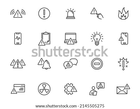 Warn alert line stroke icon. Risk error caution sign inforamtion. Danger safety alarm icon set