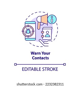 Avisar el icono de concepto de contactos. Información sobre ataques de hackeo. Evitar la difusión de la ilustración de la línea delgada de la idea abstracta del virus. Dibujo de contorno aislado. Trazo editable. Fuentes Arial, Myriad Pro-Bold utilizadas
