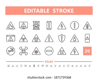 Warning 20 line icons. Vector illustration in line style. Editable Stroke, 64x64, 256x256, Pixel Perfect.