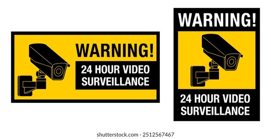 Advertencia, 24 horas de videovigilancia - señal de precaución para área privada segura. Colores amarillo y negro