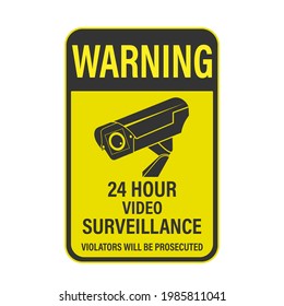 WARNING 24-hour video surveillance. A sign, sign or sticker with a warning about round-the-clock video surveillance. Flat style.
