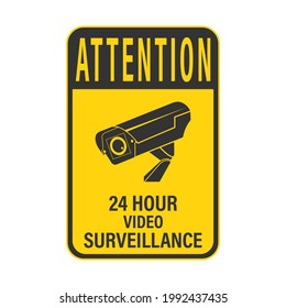 WARNING 24-hour video surveillance. WARNING 24-hour video surveillance. A sign, sign or sticker with a warning about round-the-clock video surveillance. Flat style.
