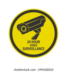 WARNING 24-hour video surveillance. A sign, sign or sticker with a warning about round-the-clock video surveillance. Flat style.
