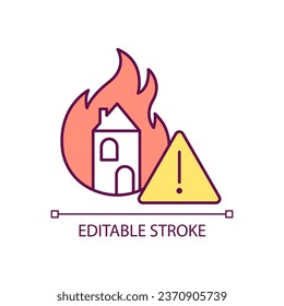 Warning about flame danger RGB color icon. Fire protection. Winter heating safety. Prevention of accident. Isolated vector illustration. Simple filled line drawing. Editable stroke. Arial font used